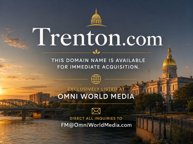 Trenton.com — this domain name is available for immediate acquisition. Exclusively listed at Omni World Media. Direct all inquiries to FM@OmniWorldMedia.com.